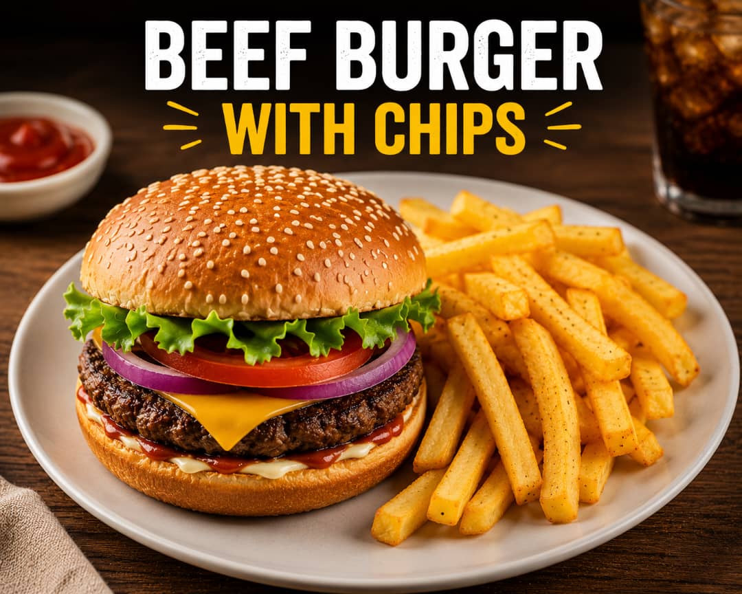 Simon Saviour beef burger served with chips